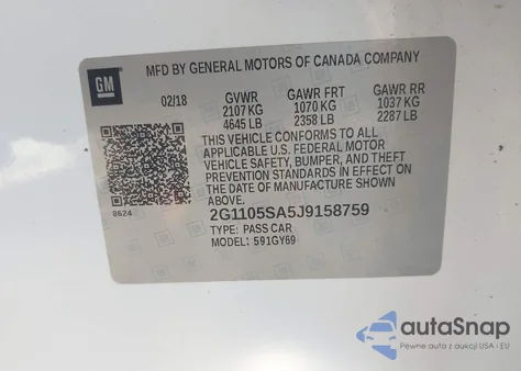 2018 Chevrolet Impala Lt из США, поврежденный, VIN 2G1105SA5J9158759